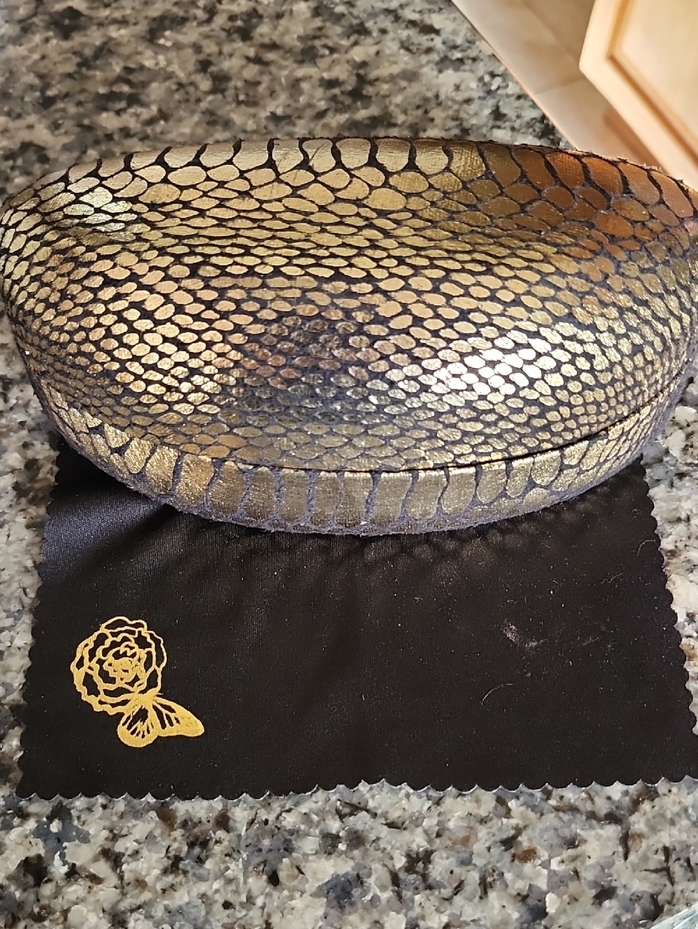 Joan Boyce Metallic Gold and Black Faux Snakeskin Sunglass Hard Case With Cloth